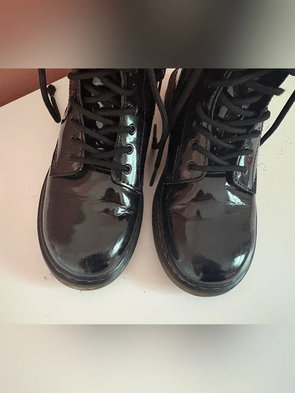Dr. Martens Black Patent 8-Eye Boots with Yellow Stitching